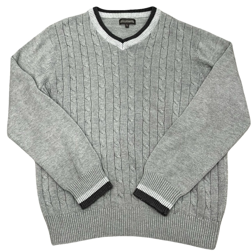 Denver Hayes Gray Cable Knit Sweater V-Neckline Preppy Academia Old Money XL - Picture 2 of 6